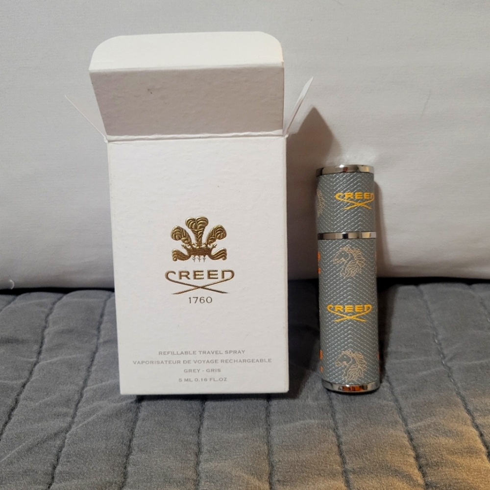Creed Grey and Gold Refillable Travel Spray Atomizer with White Box